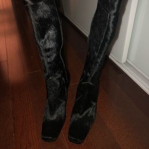 Black Calf hair knee high heeled boots